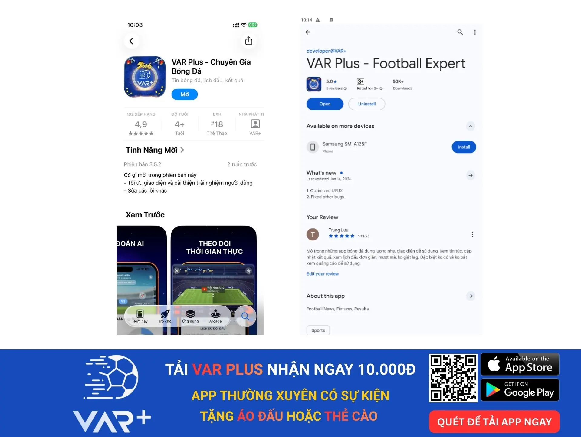 Xem bóng đá trực tiếp bình luận tiếng Việt không quảng cáo, nhận ngay lì xì 4 App VAR Plus